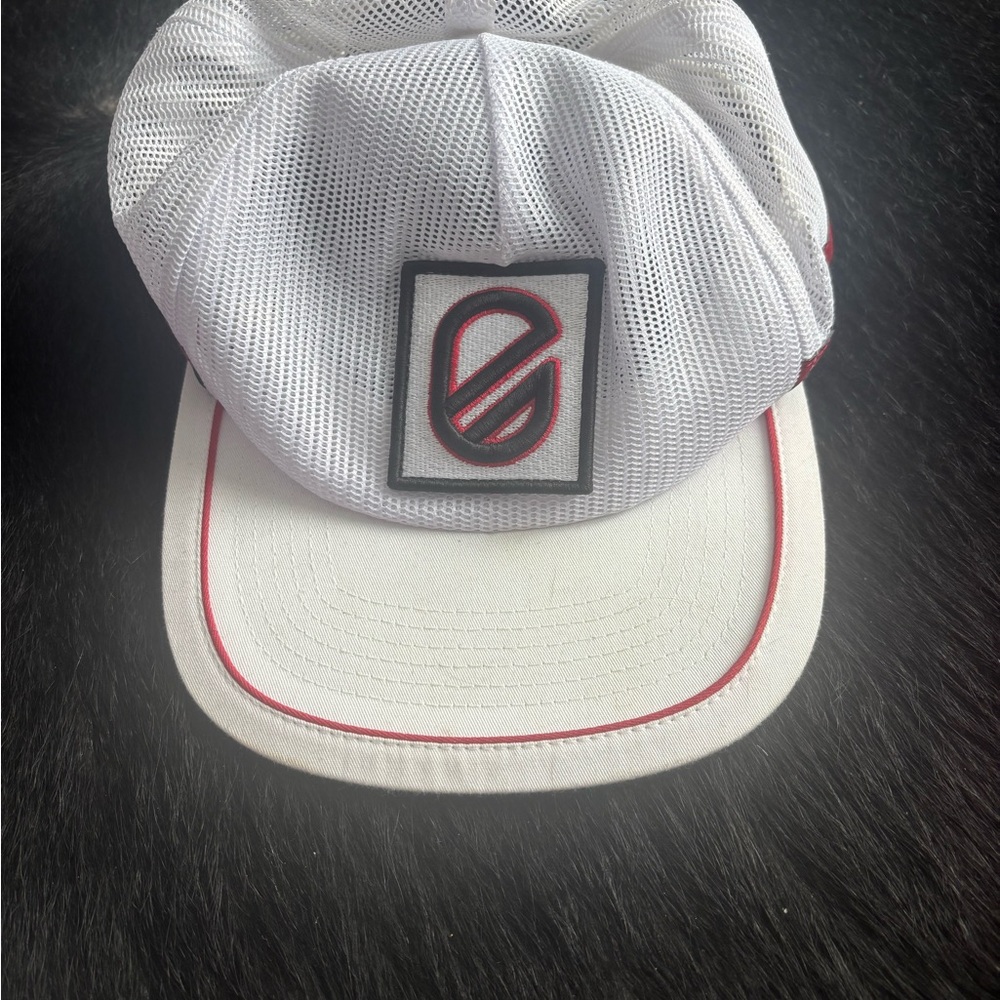 White Mesh Trucker Hat with Red Accents